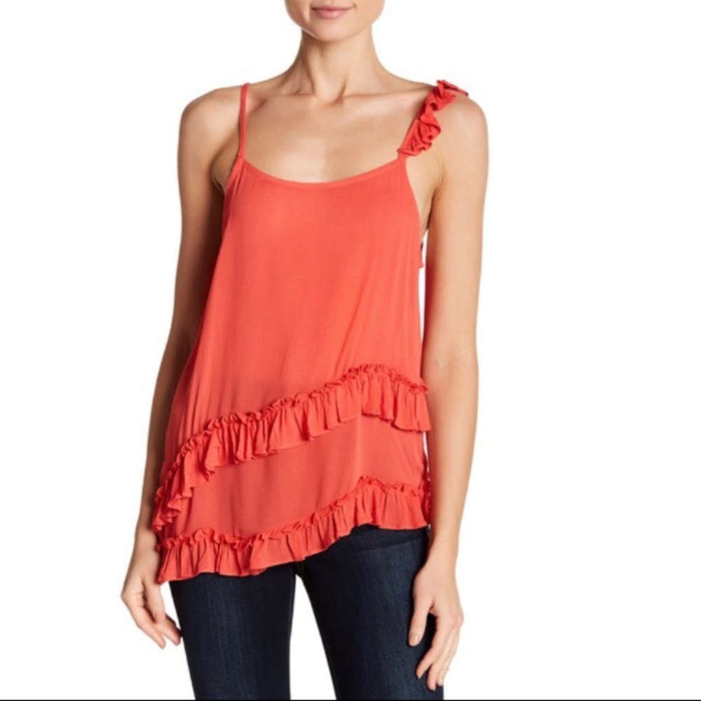 Nordstrom Ro & De Asymmetric Ruffled Cami Tank in Coral Red